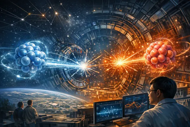 Illustration of oxygen and elongated neon nuclei colliding at CERN to create a tiny quark–gluon plasma droplet