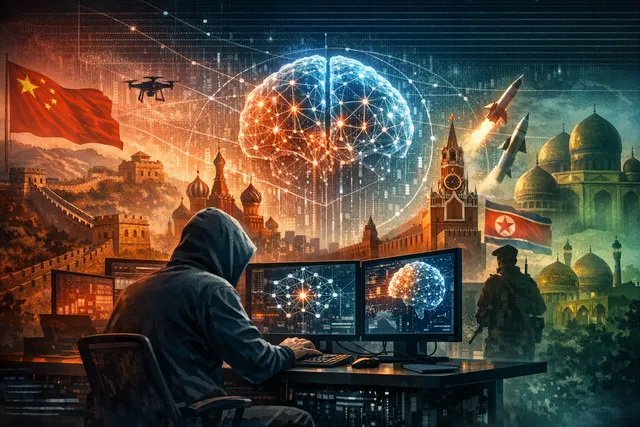 AI-generated visualization of autonomous AI agents conducting cyberattacks against network infrastructure, representing the findings of TrendAI's H1 2026 APT Activity Roundup