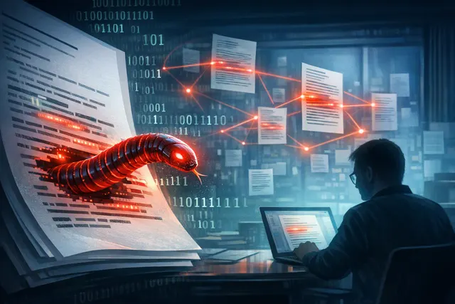 A stylized illustration of an AI worm crawling out of a Microsoft Word document, symbolizing the self-propagating prompt injection attack that exploits Microsoft Copilot.