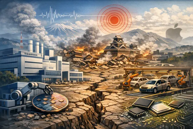 AI-generated image representing the magnitude 7.1 earthquake in Kumamoto, Japan, showing a seismic wave pattern and a semiconductor fab silhouette.