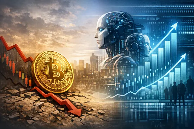 Illustration of Bitcoin lagging AI-focused equities as capital rotates between crypto and artificial intelligence markets