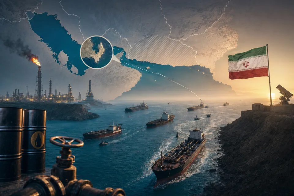 Strait of Hormuz में तेल टैंकरों और समुद्री chokepoint को दिखाती संपादकीय छवि