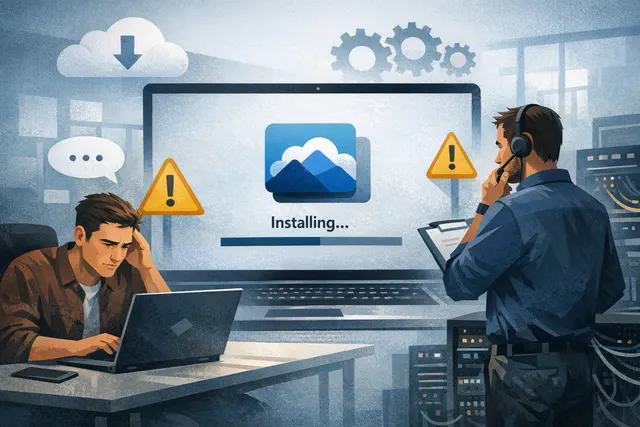 A conceptual image showing a Windows 11 desktop with a new OneDrive Photos app icon appearing in the Start menu, representing a forced installation without user consent.