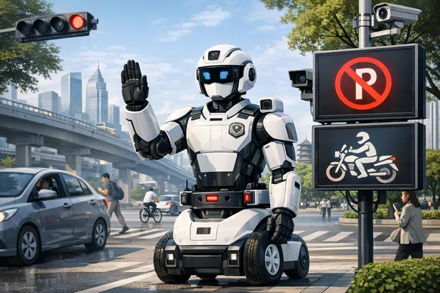 Wheeled humanoid T2 robot directing traffic at a Hangzhou intersection