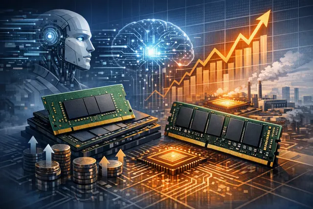 Illustration showing DRAM memory modules with surging price arrows, a mini PC with half its RAM spec, and the CXMT logo representing the memory shortage reshaping the PC market.
