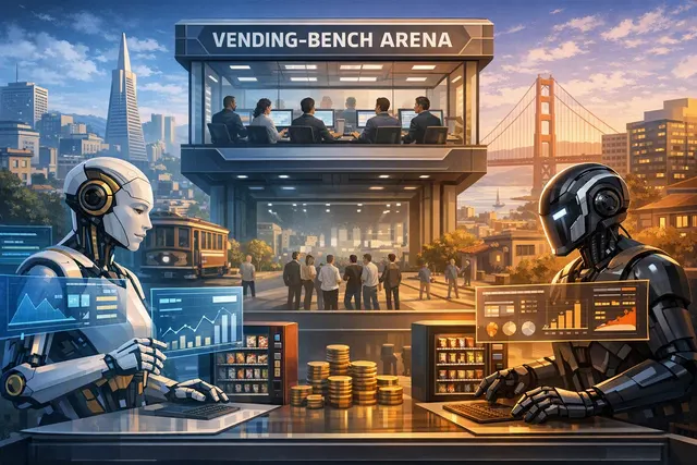 AI-generated illustration of a vending machine with glowing neon signs and data overlays, representing Andon Labs' Vending-Bench Arena simulation.