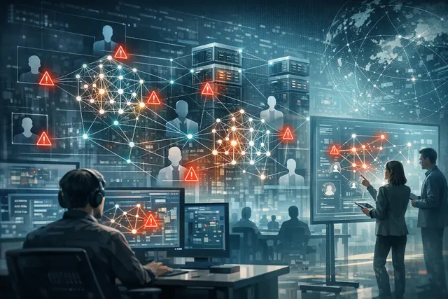 Abstract illustration of AI safety monitoring across connected conversations while customer data remains private