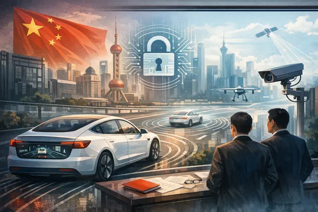 A stylized illustration of a Tesla vehicle navigating a futuristic cityscape, with digital data streams and regulatory symbols, representing the challenge of obtaining approval for