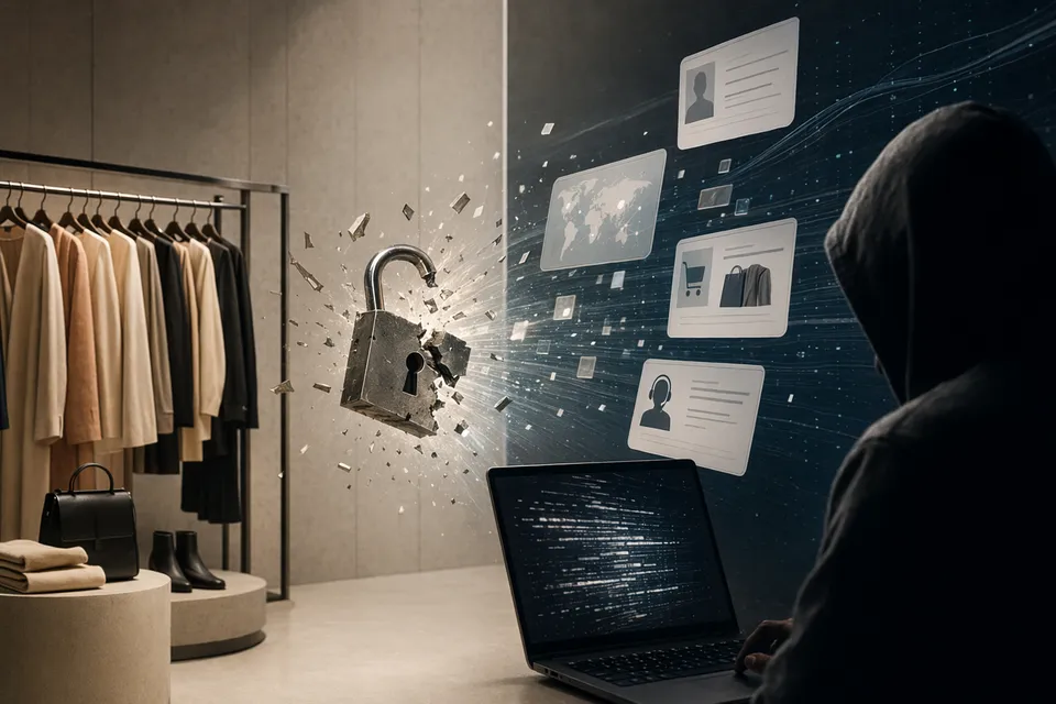 Illustration of Zara customer data moving through cloud databases after a third-party breach