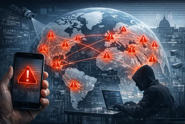 Illustration of an Apple spyware threat notification appearing on a phone lock screen