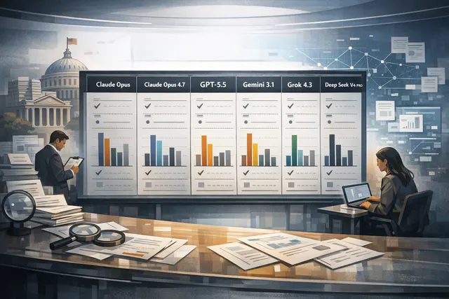 A stylized comparison chart of six frontier AI model benchmarks from June 2026, showing Claude Fable 5 at the top with leading scores across coding, agentic, and knowledge tasks.