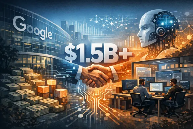 Abstract digital illustration representing Google, AI coding, and a multi-billion dollar technology deal with startup Mechanize