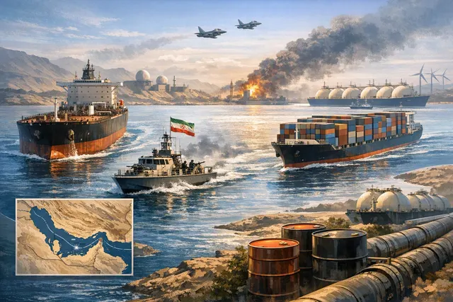 Oil tankers and energy routes near the Strait of Hormuz during a global shipping disruption