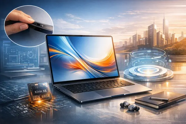 Huawei MateBook Pro S laptop with flexible OLED display and Kirin XE90 processor at launch event