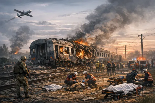 Damaged locomotive of a passenger train after a Russian drone strike in Odesa Oblast, Ukraine, August 13, 2026