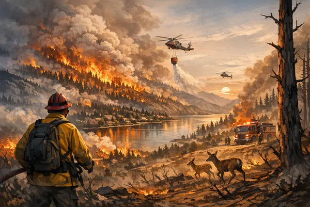 AI-generated editorial image depicting a massive wildfire with smoke and flames approaching a lakeside community, representing the Bald Range wildfire near Summerland, British Colu