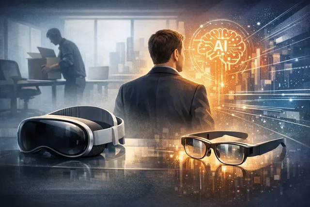 Editorial illustration of Apple’s Vision Pro strategy shifting from VR headsets toward AI smart glasses