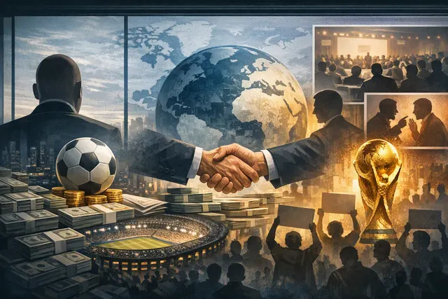 FIFA President Gianni Infantino at a press conference with World Cup branding in the background