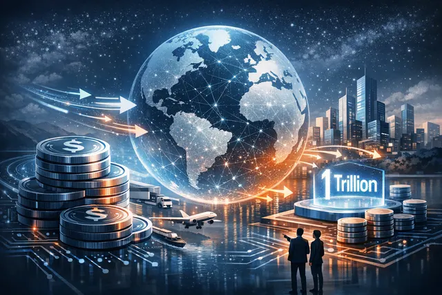 Abstract visualization of Coinbase stablecoin payment infrastructure with blockchain nodes, global connections, and network transfer lines representing $19 trillion in digital doll