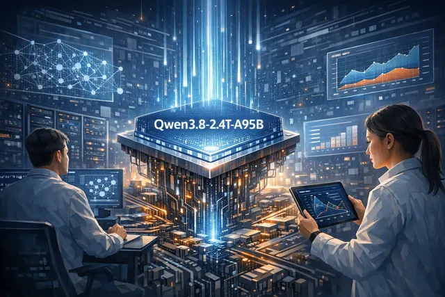 Abstract digital illustration of a neural network representing Alibaba's Qwen3.8-2.4T-A95B open-source AI model with data nodes and connections.