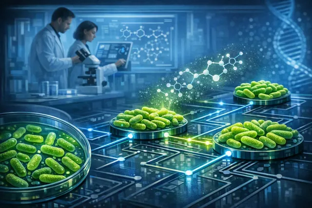 Illustration of engineered bacterial colonies arranged as a chemical-signal circuit board