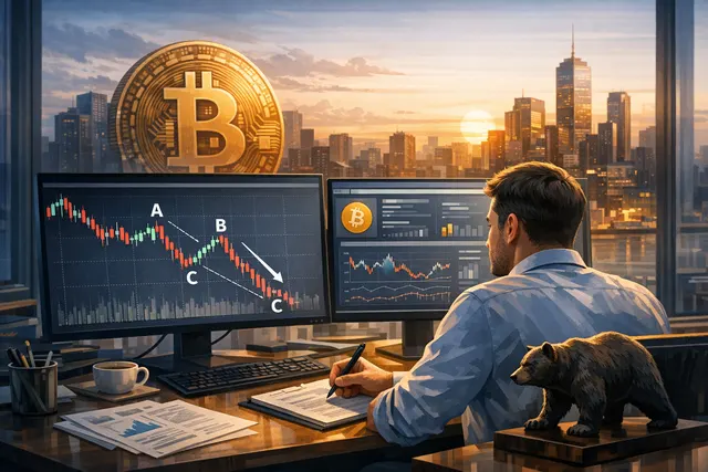 Conceptual illustration of Bitcoin price chart showing a downturn with three diverging arrows pointing to future dates, representing competing bear market bottom forecasts for 2026