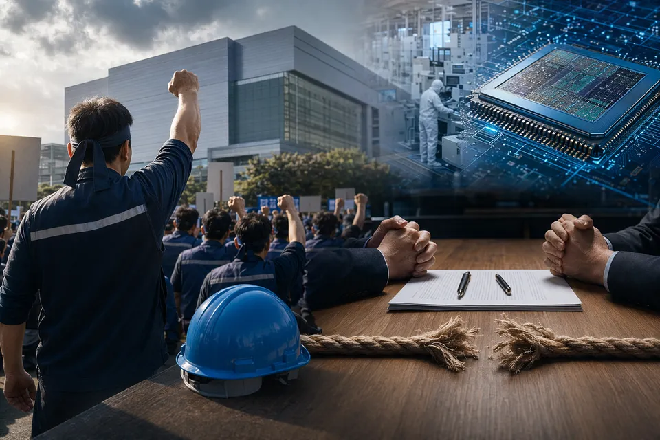 Illustration of workers protesting outside a semiconductor facility representing the Samsung Electronics labor dispute