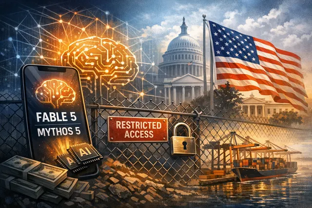 A conceptual editorial illustration representing U.S. government export controls being applied to advanced AI models, with visual motifs of locked digital networks and national sec