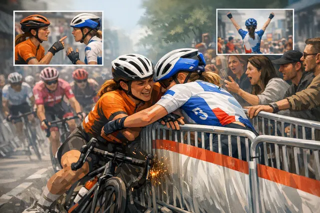Composite image showing Kasia Niewiadoma-Phinney in yellow jersey and Célia Gery in FDJ United-Suez colors at the finish of Stage 8 of the Tour de France Femmes