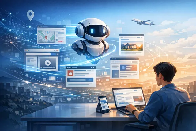 Abstract visual of Hark Handoff browsing the web as an AI agent, with virtual browser windows and click-path interactions.