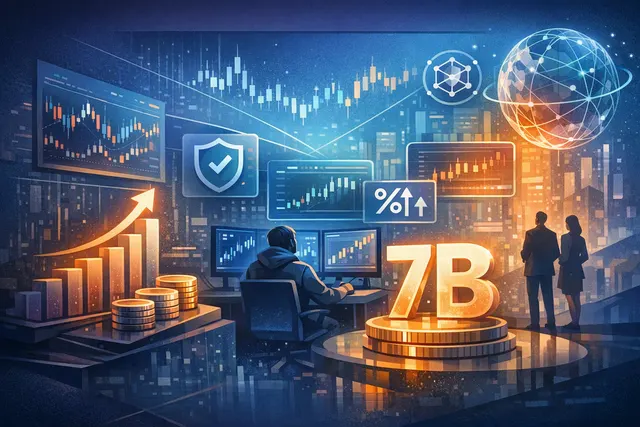 Illustration of Ondo Perps’ platform interface showing tokenized stock collateral, perpetual futures trading, and a $7 billion volume milestone.