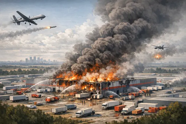 Illustrative nighttime scene of a large warehouse complex on fire during a drone attack near Moscow