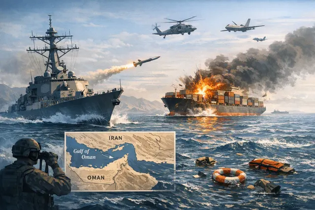 AI-generated editorial image representing the U.S. naval blockade and the Hellfire missile strike on a Panama-flagged cargo vessel in the Gulf of Oman