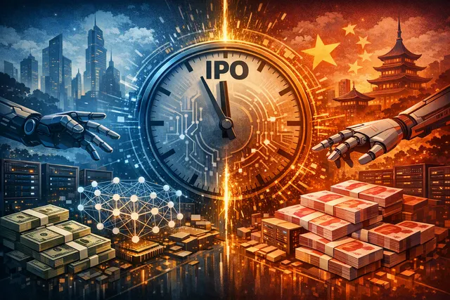 Abstract visualization of AI price war between American and Chinese companies, with downward price arrows and competing logos
