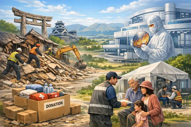 TSMC's Kumamoto JASM semiconductor fab exterior after the 2026 earthquake, with safety inspection and recovery operations underway