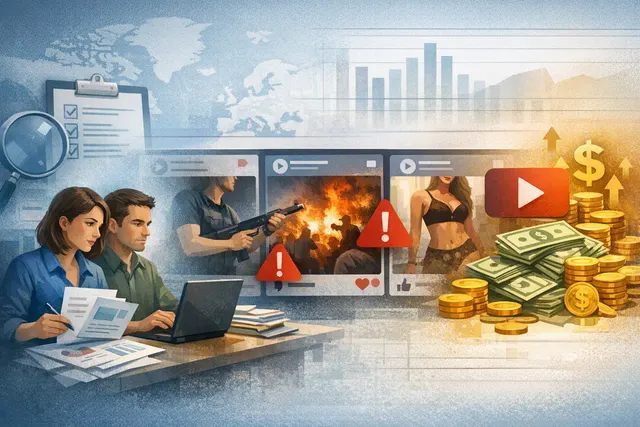 Meta headquarters sign or Facebook logo overlaid on a news-style montage representing content moderation, controversy, and platform payments