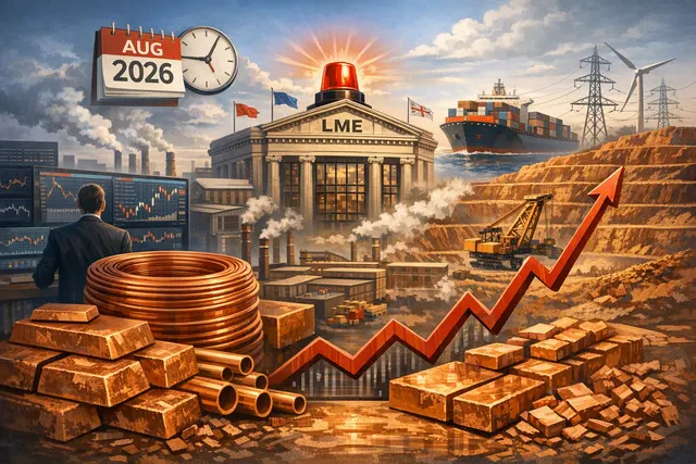 AI-generated editorial illustration representing the August 2026 copper market squeeze, showing price charts and a copper ingot
