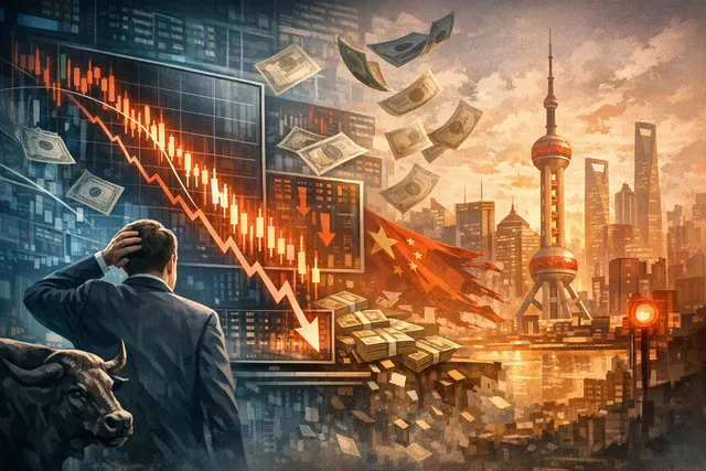 An AI-generated editorial illustration of a stock market crash with a crumbling blockchain-like pillar and cascading data lines, representing the collapse of an AI-focused hedge fu