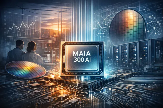Abstract illustration of a microchip with glowing red and blue circuitry, representing Microsoft's Maia 300 AI accelerator.