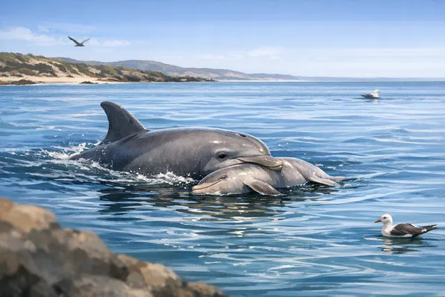 A bottlenose dolphin mother carries her dead calf at the surface of the Indian Ocean in Leschenault Estuary, Western Australia.