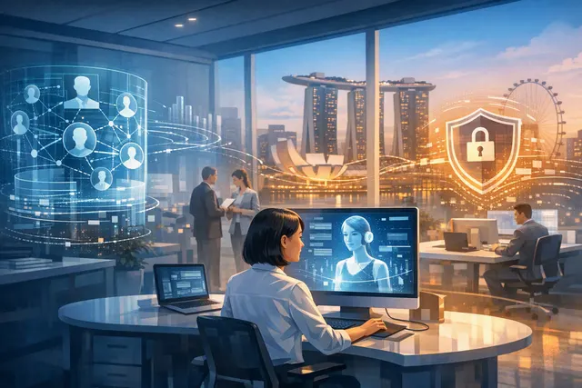 Editorial illustration of Singapore’s government AI assistant and a secure registry governing AI agents used by public officers