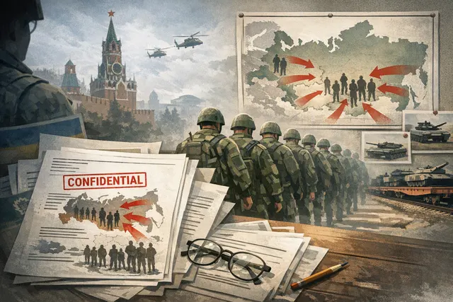 AI-generated editorial image illustrating Russian mobilization plans, North Korean troops, and ballistic missile strikes on Ukraine.