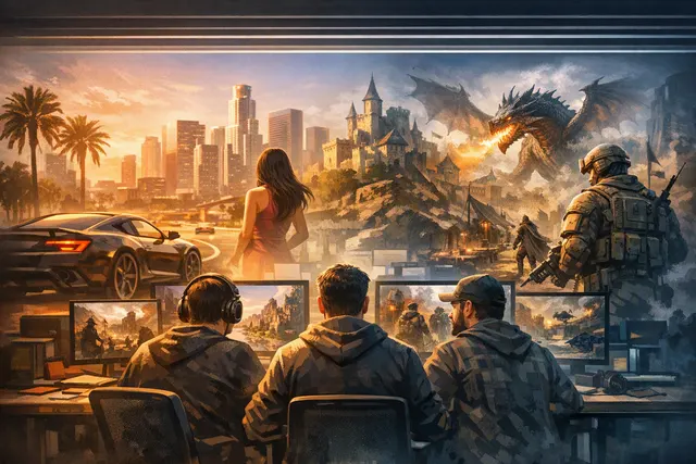 A conceptual image representing GTA 6 and the PC gaming industry reaction — a scene evoking a nighttime city skyline with neon lights, suggesting a crime open-world game and the co
