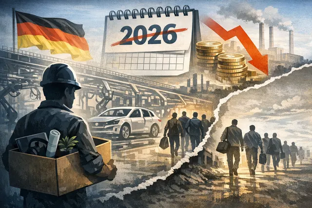 Illustration showing a Volkswagen factory exterior with a fading German flag, symbolizing the company's planned job cuts and restructuring in the country.