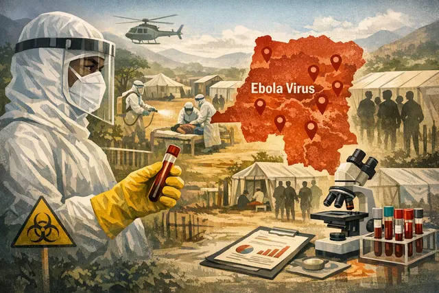 Health workers in personal protective equipment (PPE) treating Ebola patients at a treatment center in the Democratic Republic of Congo during the 2026 Bundibugyo virus outbreak.