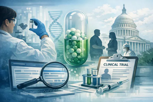 Editorial illustration of an undisclosed obesity drug candidate moving into a clinical trial