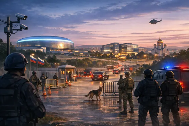 An AI-generated illustration depicting a locked-down city with police presence, roadblocks, and construction crews, symbolizing the security measures and cosmetic repairs accompany