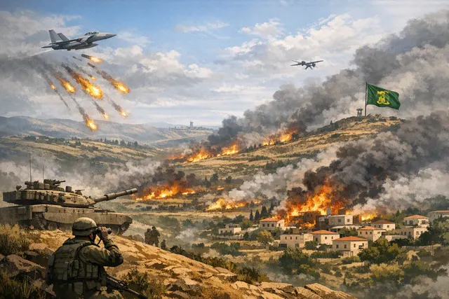 Aerial view of smoke rising from forested hills in southern Lebanon after Israeli incendiary strikes, August 2026