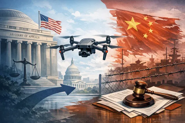 Editorial illustration of a consumer drone beside a U.S. courthouse and Pentagon-themed legal documents