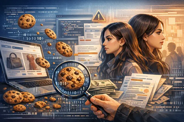 AI-generated editorial illustration of a laptop screen displaying a shopping browser extension interface with cookie icons and a gavel, representing the Phia cookie stuffing scanda